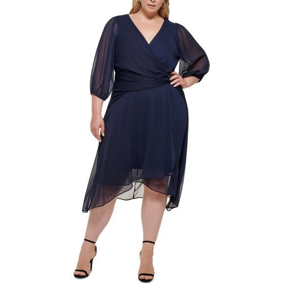 DKNY Womens High-Low Twisted Side Long Sleeve Balloon Sleeve Dress Plus 16W Navy - Picture 1 of 7